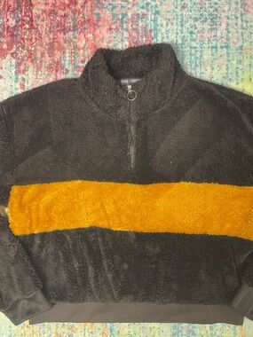Men's Black Fleece Zip Sweater with Mustard Chest Stripe